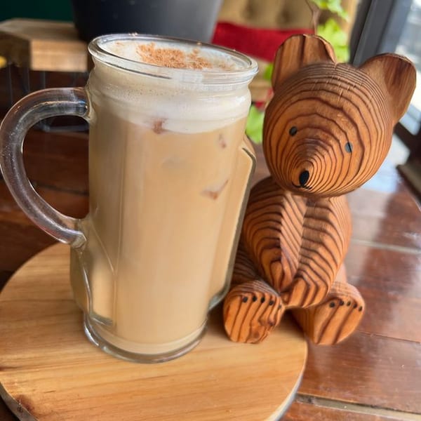 Iced coffee with foam and cinnamon in a mug, next to a wooden bear figurine.